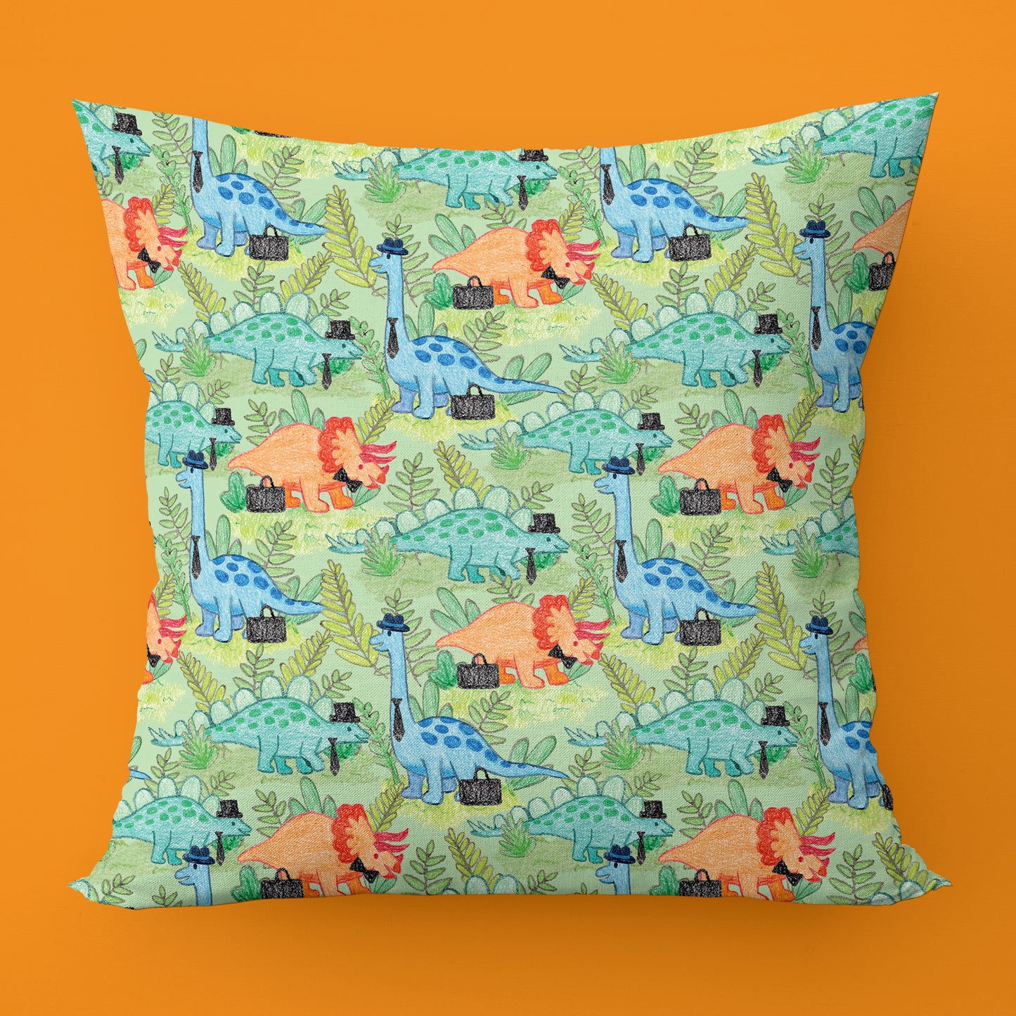 Dapper Dino Green Fields Throw Pillow